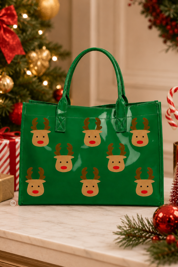 SC - ETA 9/30-10/14 Oh Deer! Christmas is Here! Green Vinyl Tote Bag