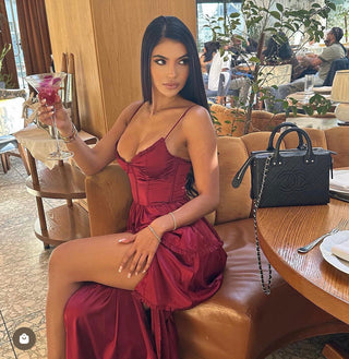 Maeve Corset Midi Dress - Burgundy Satin - Glamourous Grace