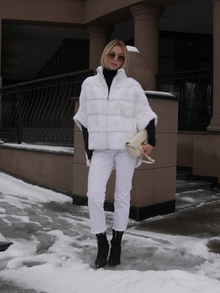 Genuine Scandinavian Mink Fur Poncho in Snow