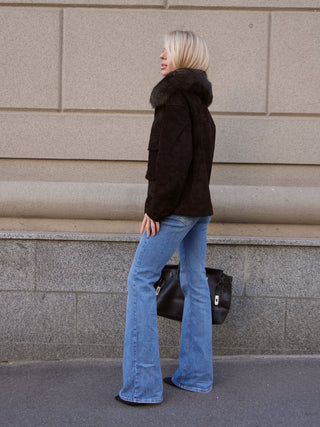 Nebraska Genuine Suede Polar Fox Trim Jacket in Cognac