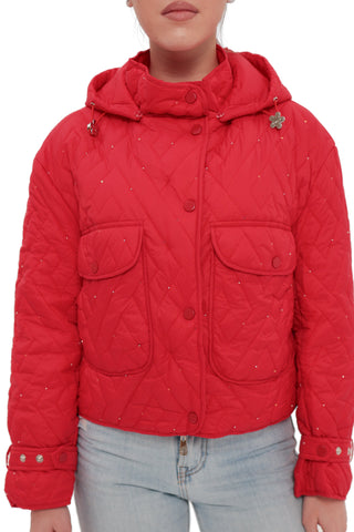 Studded Light Demi-Season Hooded Cropped Jacket in Red