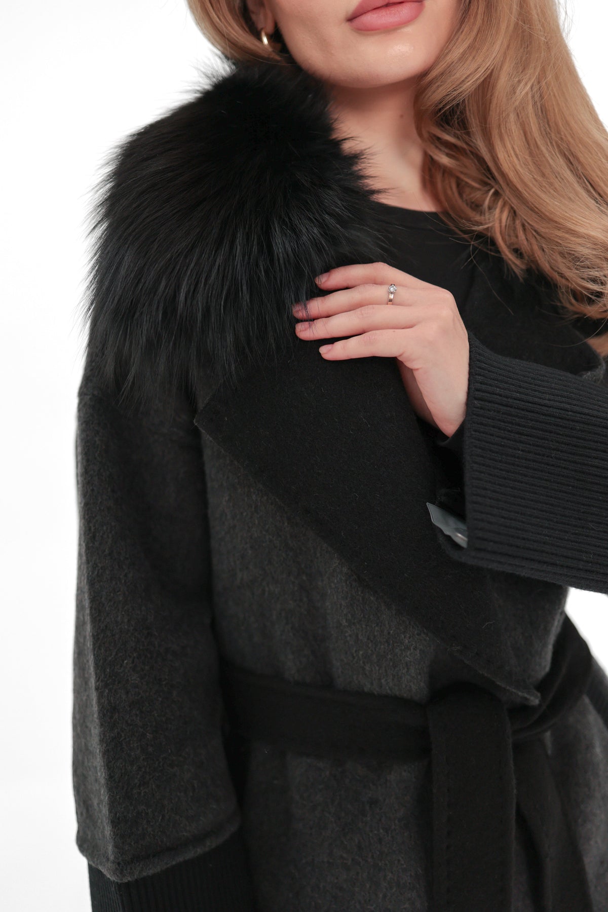 Boston Genuine Silver Fox Cashmere Blend Double-Face Coat in Graphite