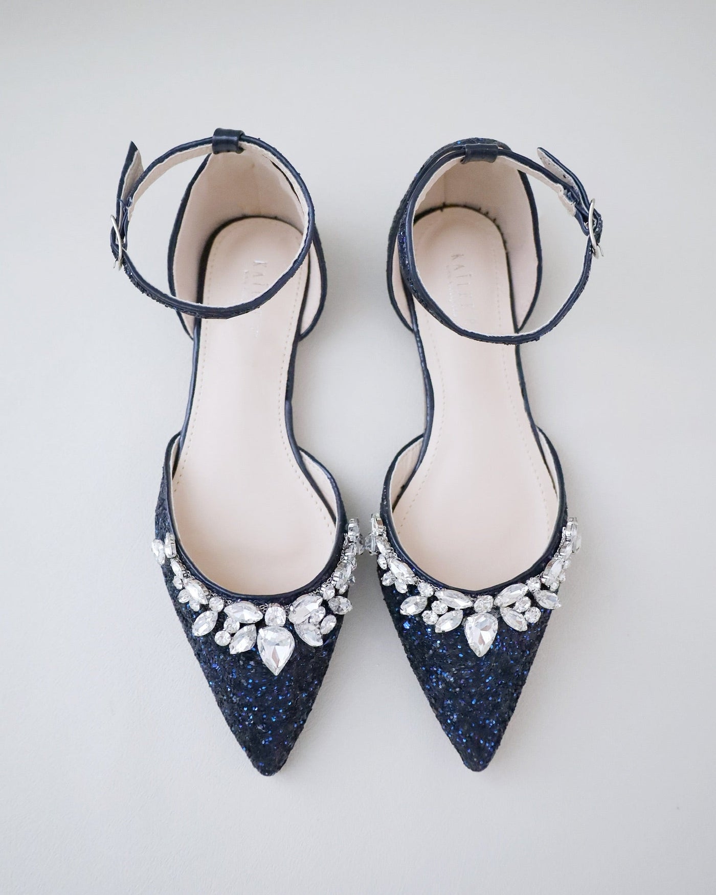 Pointy Toe Glitter Ankle Strap Flats with Teardrop Rhinestones - Glamourous Grace