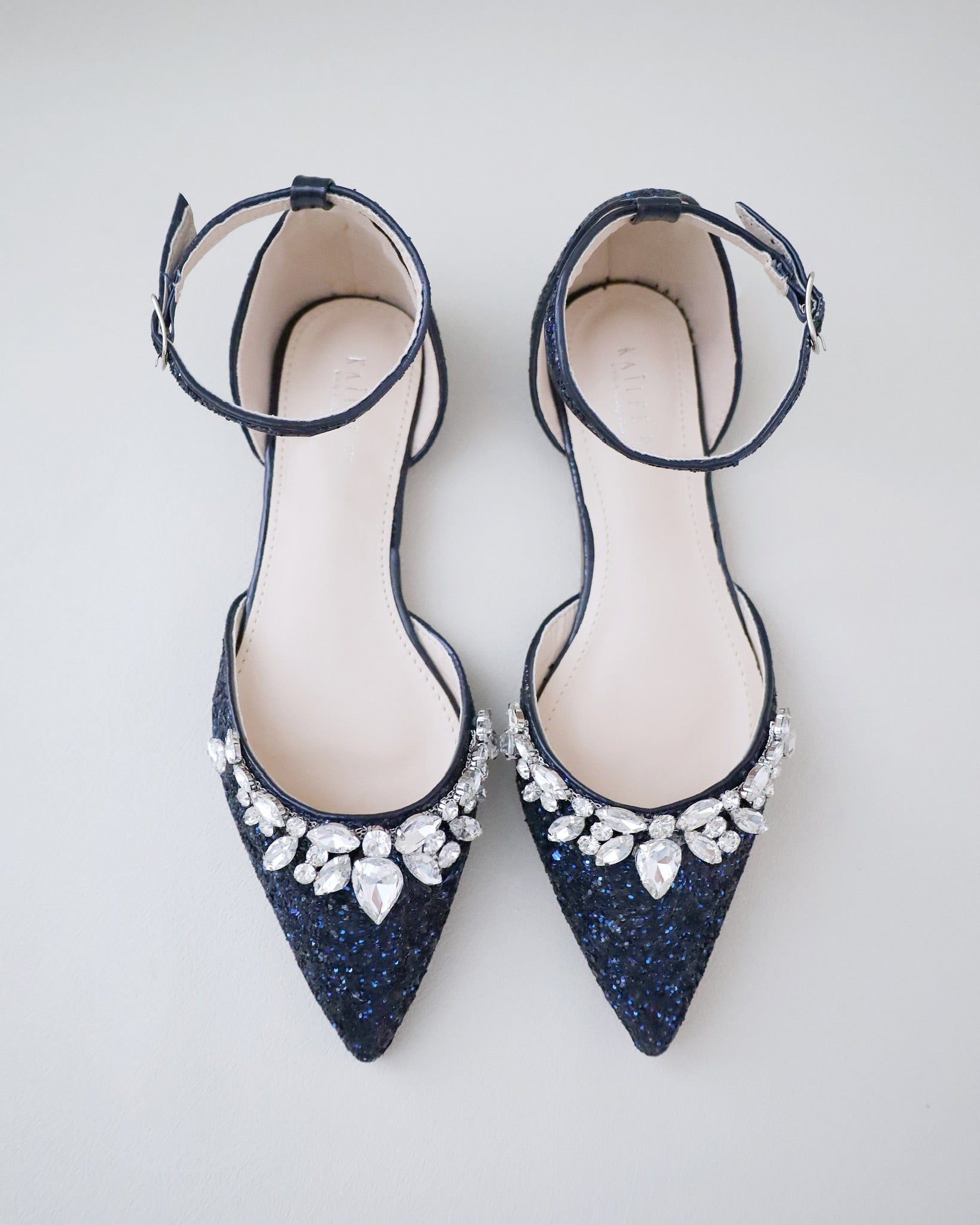 Pointy Toe Glitter Ankle Strap Flats with Teardrop Rhinestones