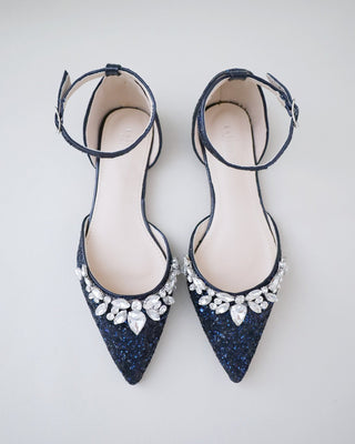 Pointy Toe Glitter Ankle Strap Flats with Teardrop Rhinestones