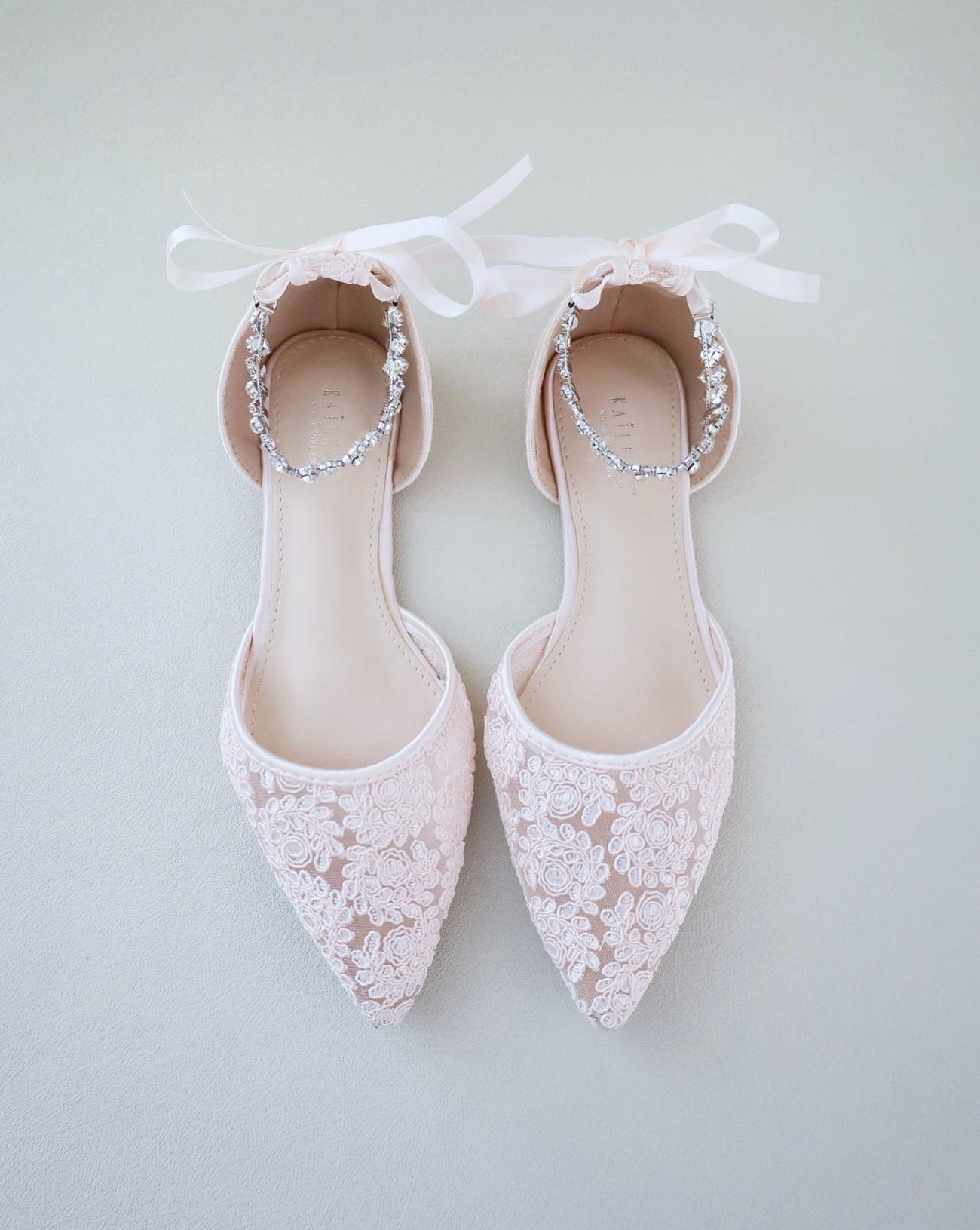 Evening Crochet Lace Pointy Toe Flats with Amaryllis Crystal Strap - Glamourous Grace