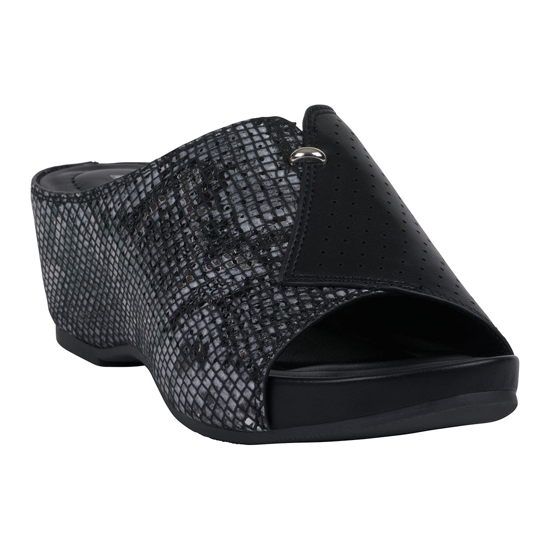 Women's Dacia Black Snake-Skin Wedge Sandals - Glamourous Grace