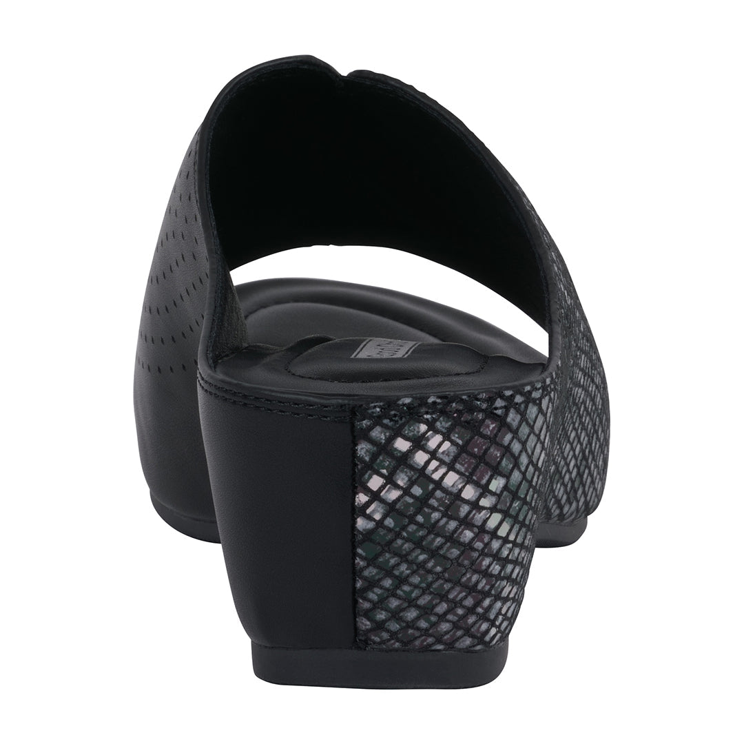 Women's Dacia Black Snake-Skin Wedge Sandals - Glamourous Grace