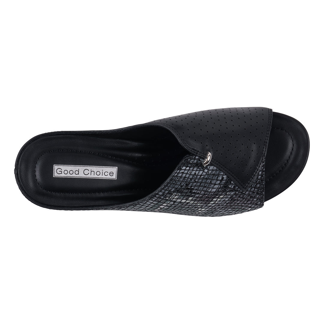 Women's Dacia Black Snake-Skin Wedge Sandals - Glamourous Grace