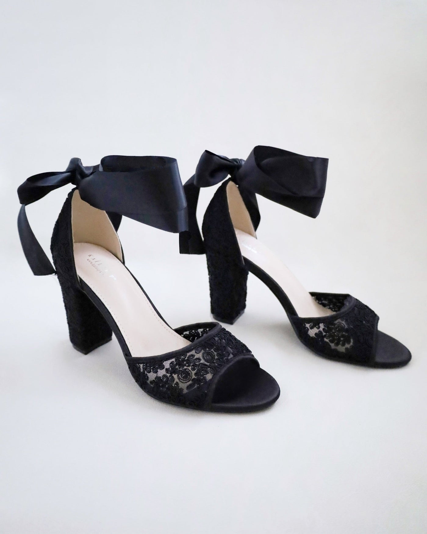 Black Crochet Lace Block Heel Evening Sandals with Wrapped Ribbon Tie - Glamourous Grace