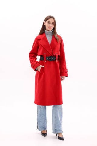 Karina Belted Wool Cashmere Blend Overcoat in Ruby