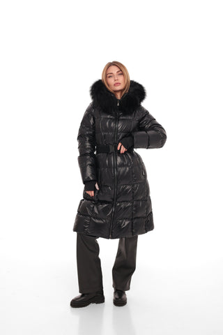 Cyrus Genuine Fur Trim Down Fill Coat in Black