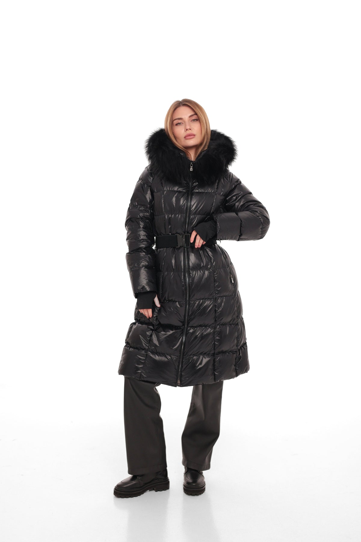 Cyrus Genuine Fur Trim Down Fill Coat in Black
