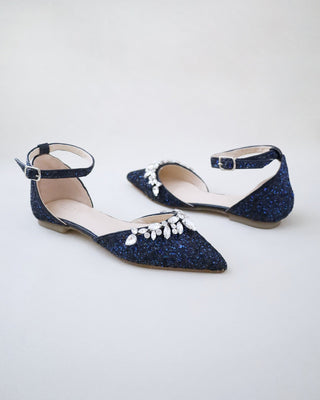 Pointy Toe Glitter Ankle Strap Flats with Teardrop Rhinestones