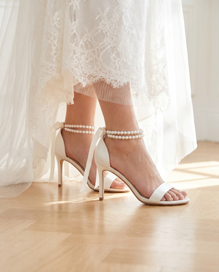 Satin High Heel Wedding Sandals with Double Pearls Ankle Strap