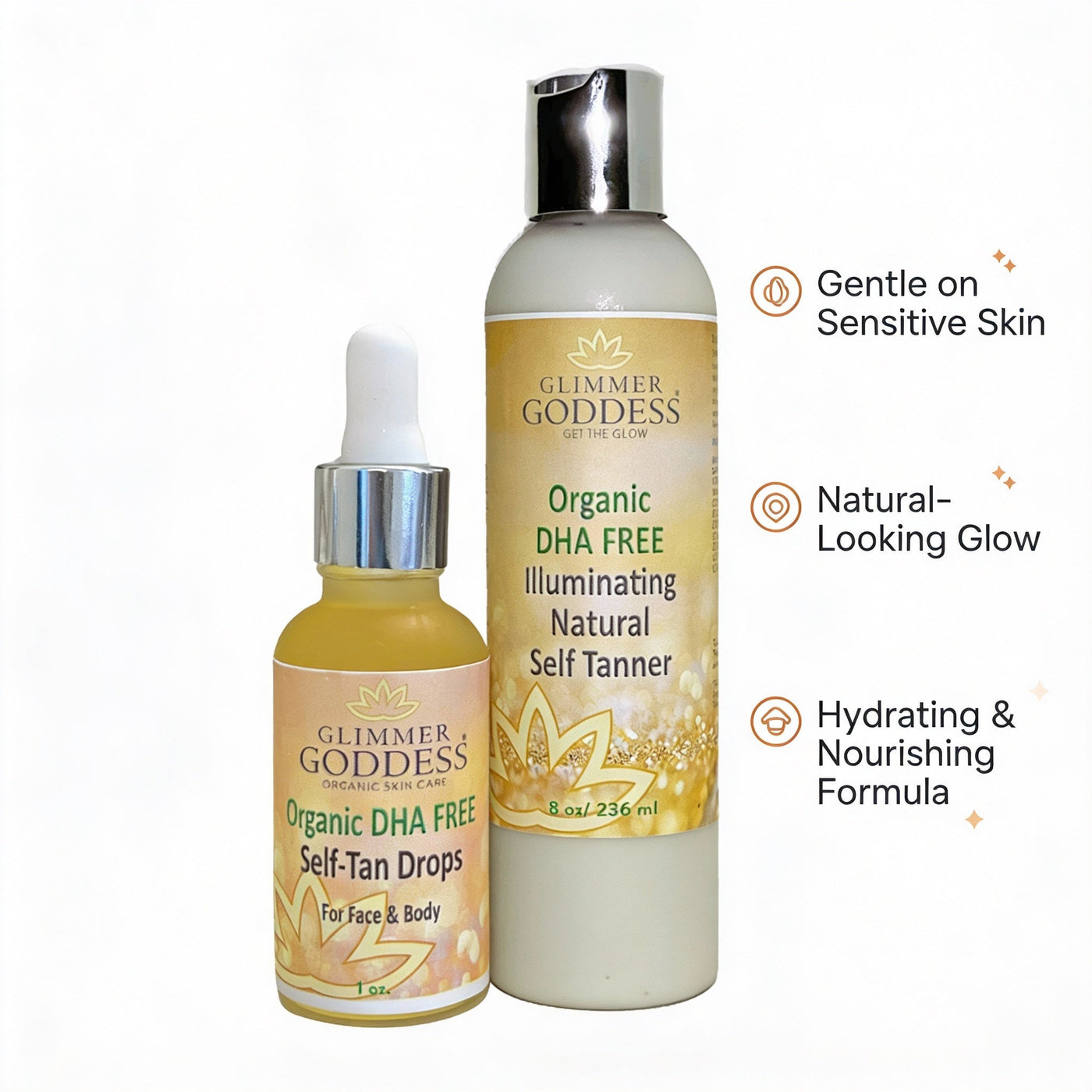 DHA-Free Self Tanner Bundle – Lotion + Drops for Natural Glow Without Smell or Orange Tones - Glamourous Grace