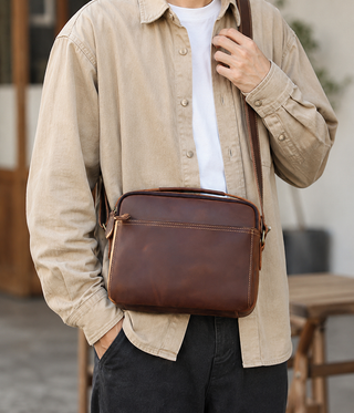 Crazy Horse Leather Crossbody Bag for Men, Premium Casual Commuter Shoulder Bag, Multifunctional Horizontal Men's Bag