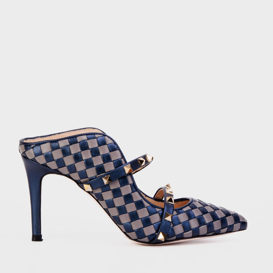 The Dosso Navy Blue Handwoven Pointy Toe Leather Women Sandal - Glamourous Grace
