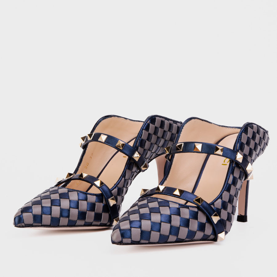The Dosso Navy Blue Handwoven Pointy Toe Leather Women Sandal - Glamourous Grace