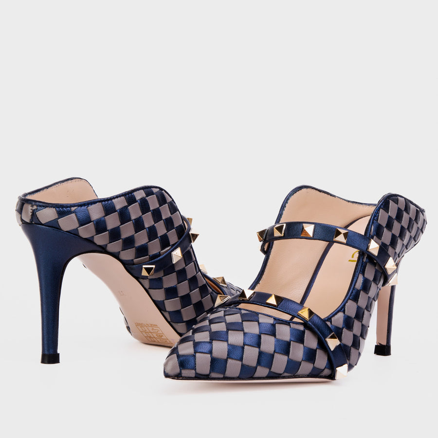 The Dosso Navy Blue Handwoven Pointy Toe Leather Women Sandal - Glamourous Grace