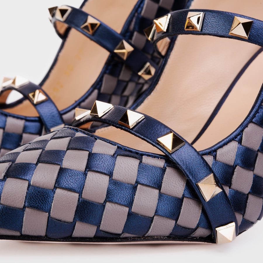 The Dosso Navy Blue Handwoven Pointy Toe Leather Women Sandal - Glamourous Grace