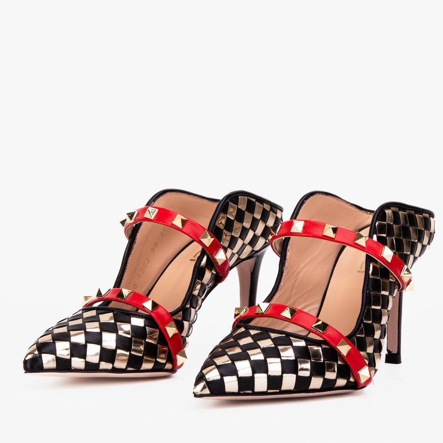 The Dosso Black Handwoven Leather Pointy Toe Women Sandal - Glamourous Grace