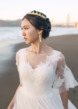Short Sleeves A-line light-weight lace applique tulle mini wedding dress - Glamourous Grace
