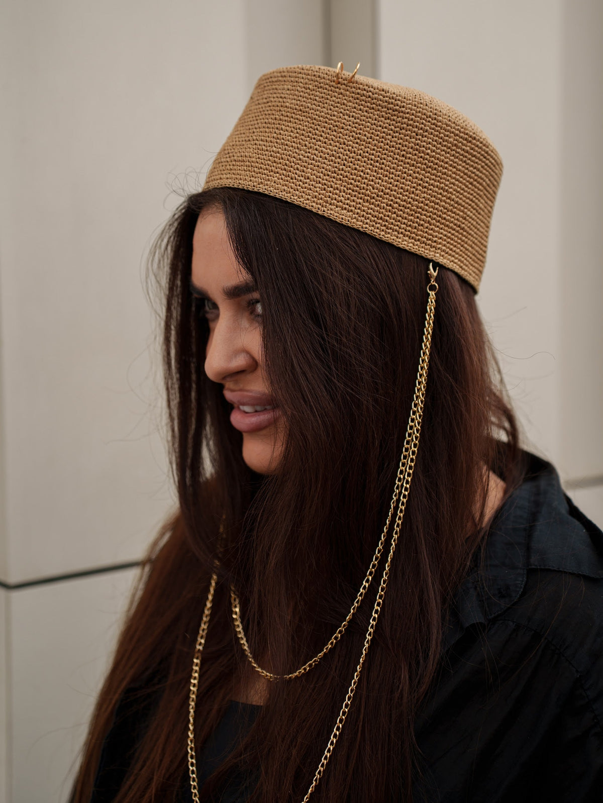 Palomna Double Chain Pierced Hat in Dark Beige