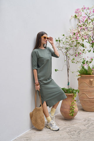 Pocket T-shirt Dress- Olive