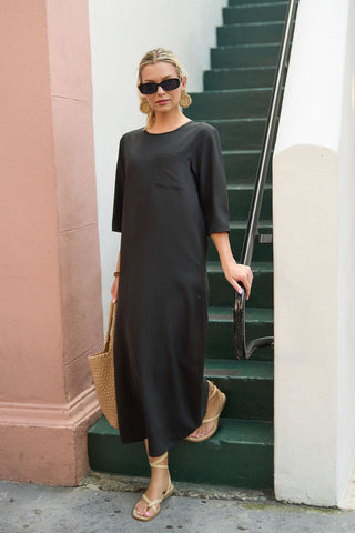 Tencel Pocket Midi Dress- Black