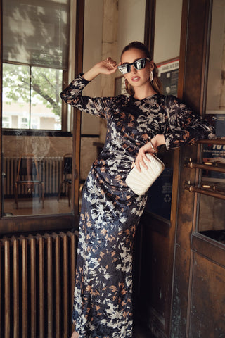 Side Ruched Velvet Dress- Brown and Black Floral