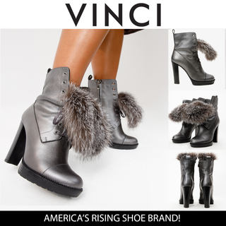 The Melo Gray Leather Natural Fur Mid Calf Platform Heel Women Boot