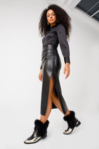 The Izmir Black & Gold Leather Natural Fox Fur Mid Calf Women Boot
