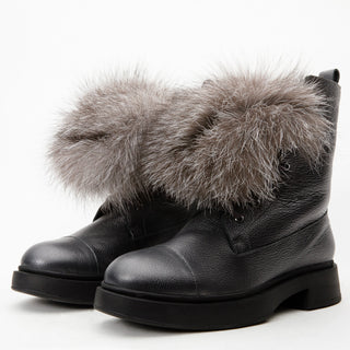 The Kajapati Gray Leather Natural Fur Mid Calf Women Boot