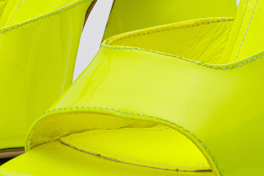 The Butterfly Block Heel Neon Yellow Patent Leather Sandal Final Sale! - Glamourous Grace