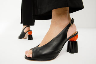 The Cimla Pumpkin Heel Black Leather Women Sandal - Glamourous Grace