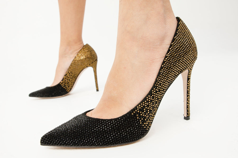 The Bago Black & Gold Glitter Leather Pump Women Shoe - Glamourous Grace