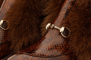 The Izmir Brown Patent Leather Natural Fur Mid Calf Women Boot