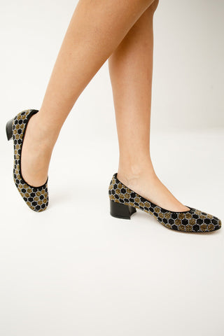 The Doha Gold & Black Glitter Leather Block Pump Women Shoe - Glamourous Grace