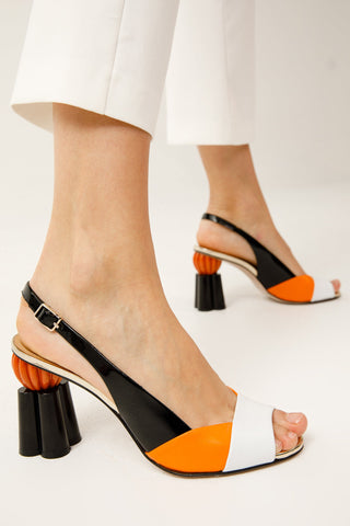 The Rize Black & Orange Pumpkin Heel Leather Women Sandal - Glamourous Grace