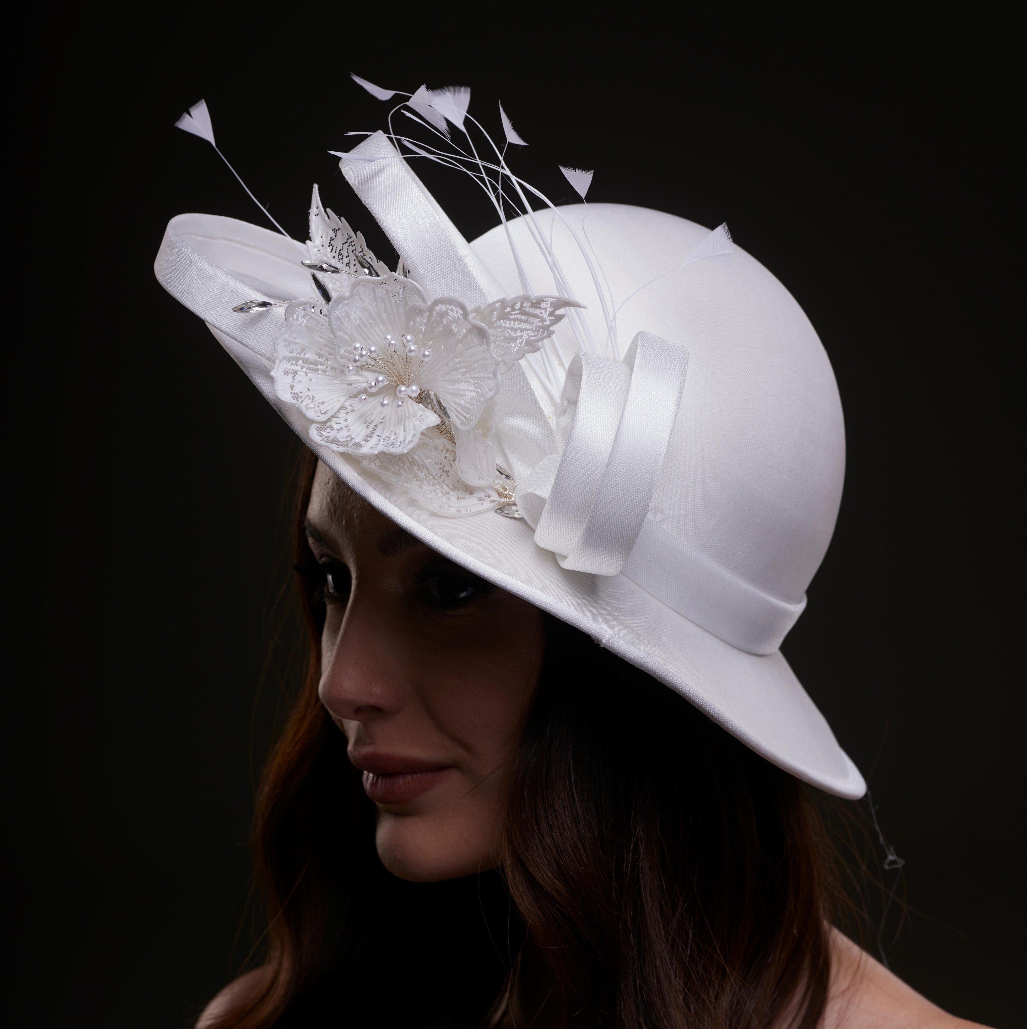 White Bridal Hat with Flower and Ribbon - Glamourous Grace
