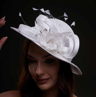 White Bridal Hat with Flower and Ribbon - Glamourous Grace