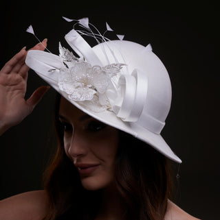 White Bridal Hat with Flower and Ribbon - Glamourous Grace
