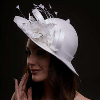 White Bridal Hat with Flower and Ribbon - Glamourous Grace