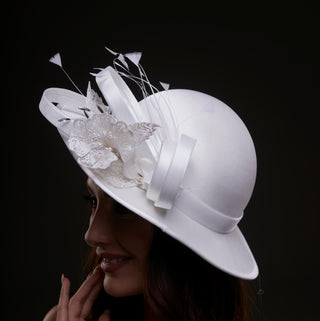 White Bridal Hat with Flower and Ribbon - Glamourous Grace
