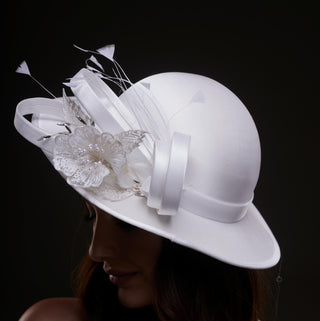 White Bridal Hat with Flower and Ribbon - Glamourous Grace