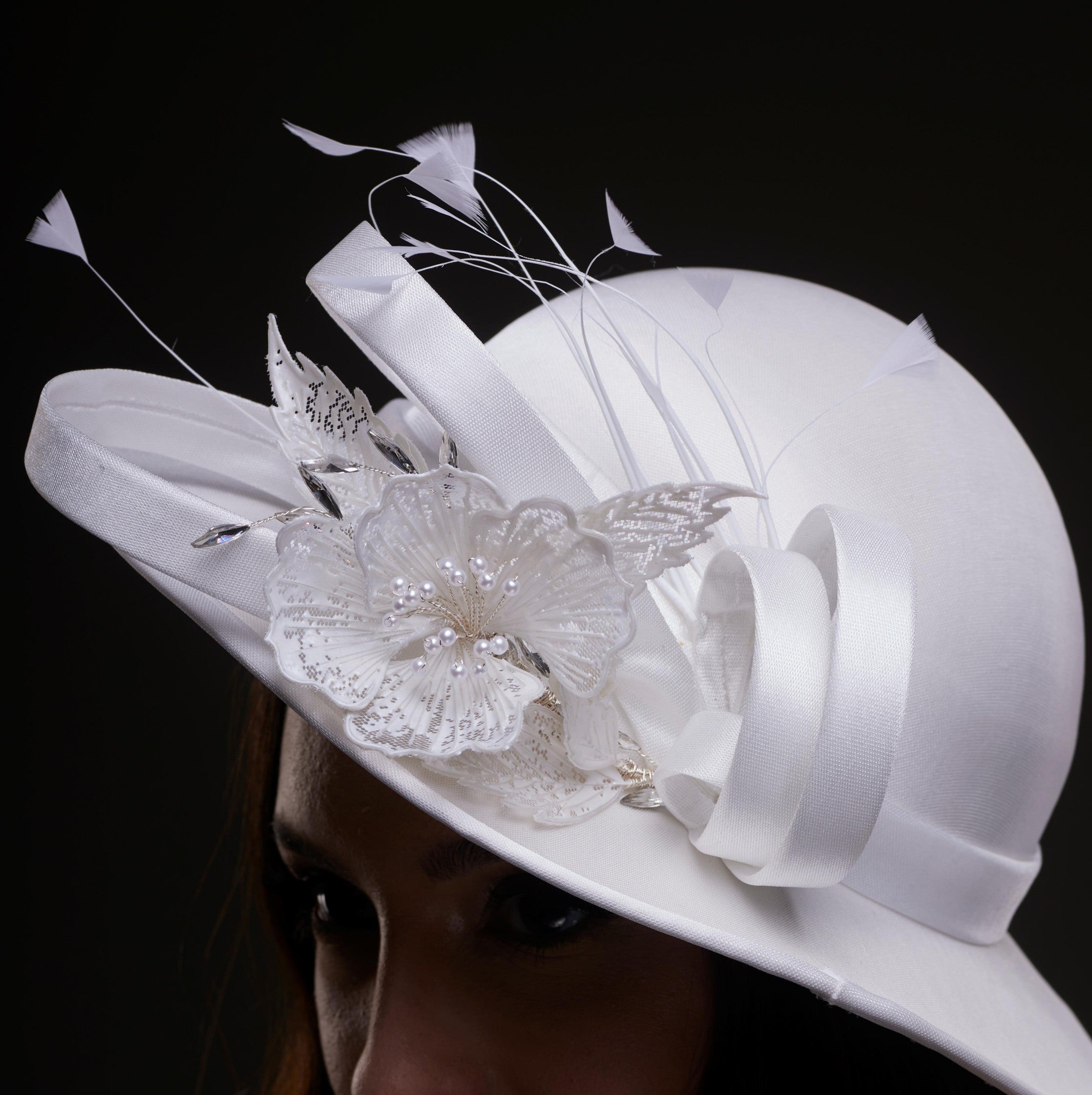 White Bridal Hat with Flower and Ribbon - Glamourous Grace