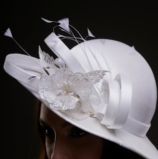 White Bridal Hat with Flower and Ribbon - Glamourous Grace