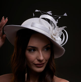 White Bridal Hat with Flower and Ribbon - Glamourous Grace