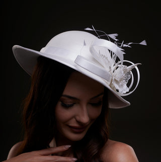 White Bridal Hat with Flower and Ribbon - Glamourous Grace